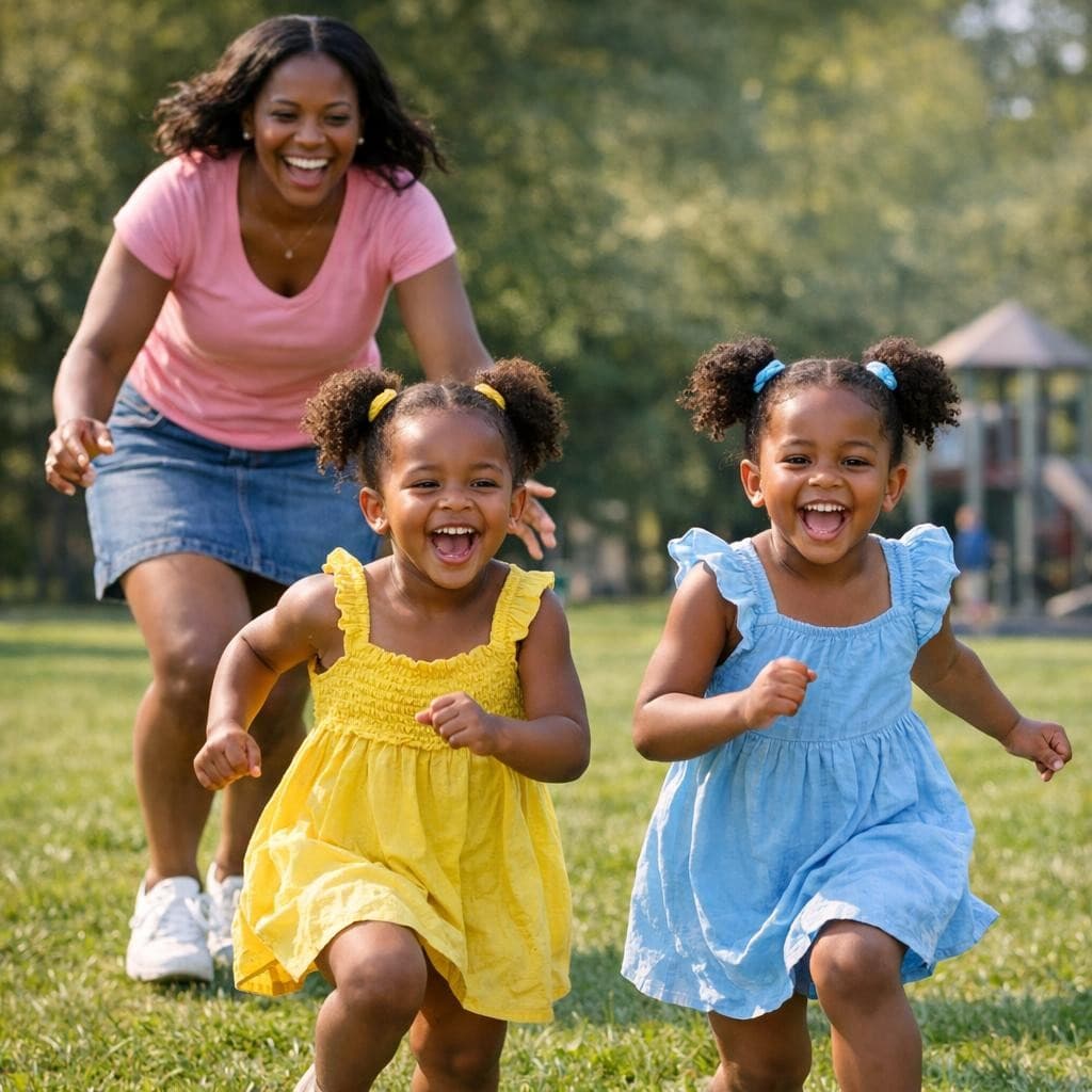 AI generated: 4K HD realistic image of a dark-brown-skinned young mother wearing a pink short-sleeved top, blue je...