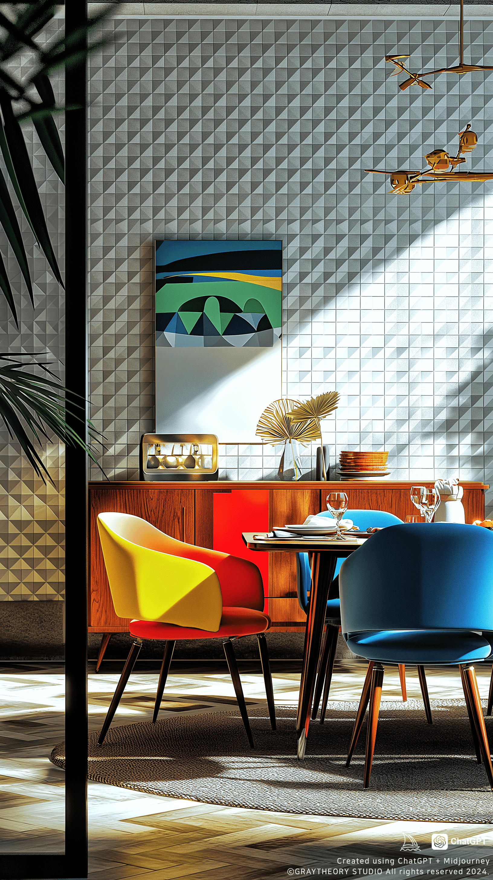 AI generated: cinematic, a vibrant Mid-century modern dining area, colorful chairs and a retro sideboard, a straig...