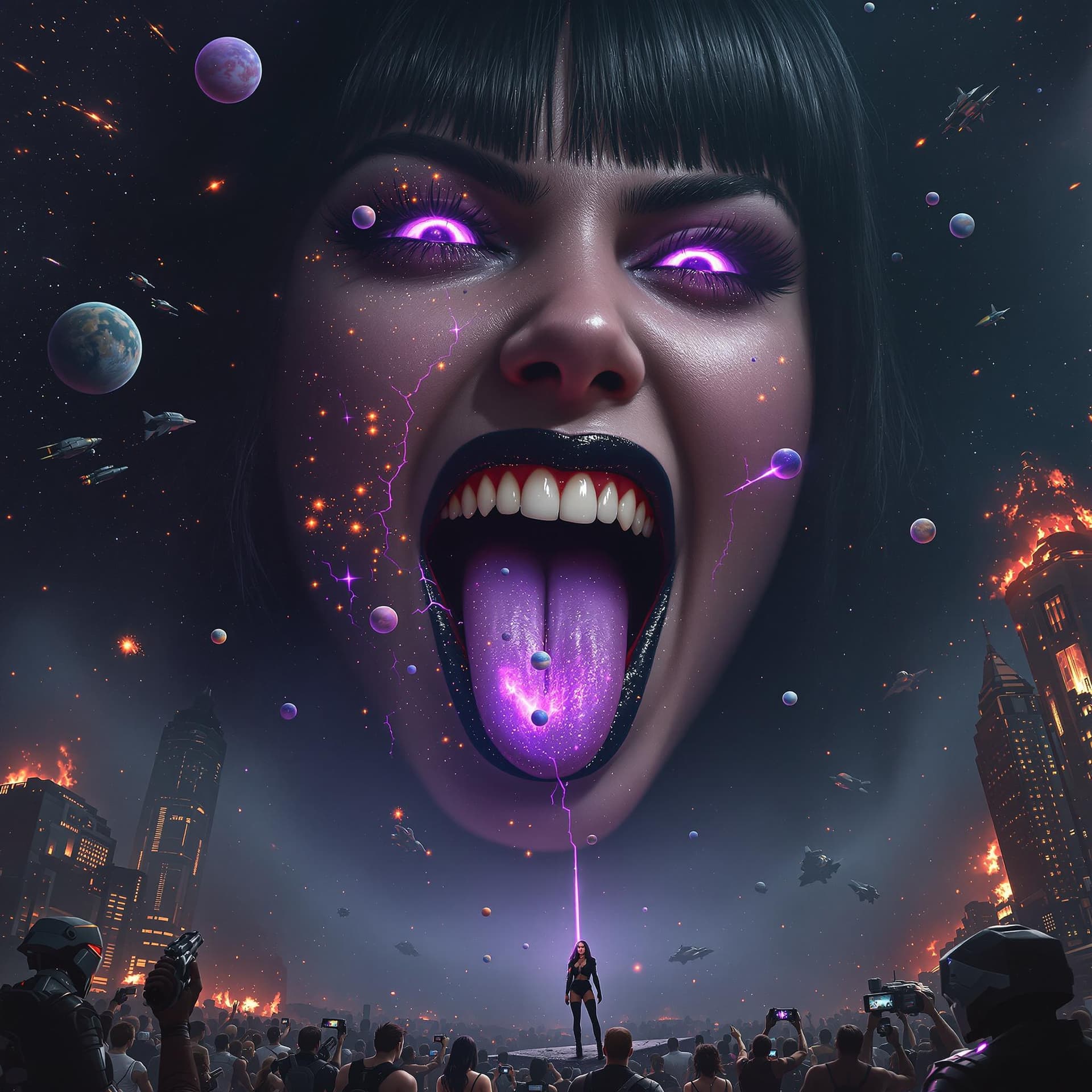 AI generated: enormous giantess female who looks exactly like WWE superstar 
 Rhea Ripley with black medium length...