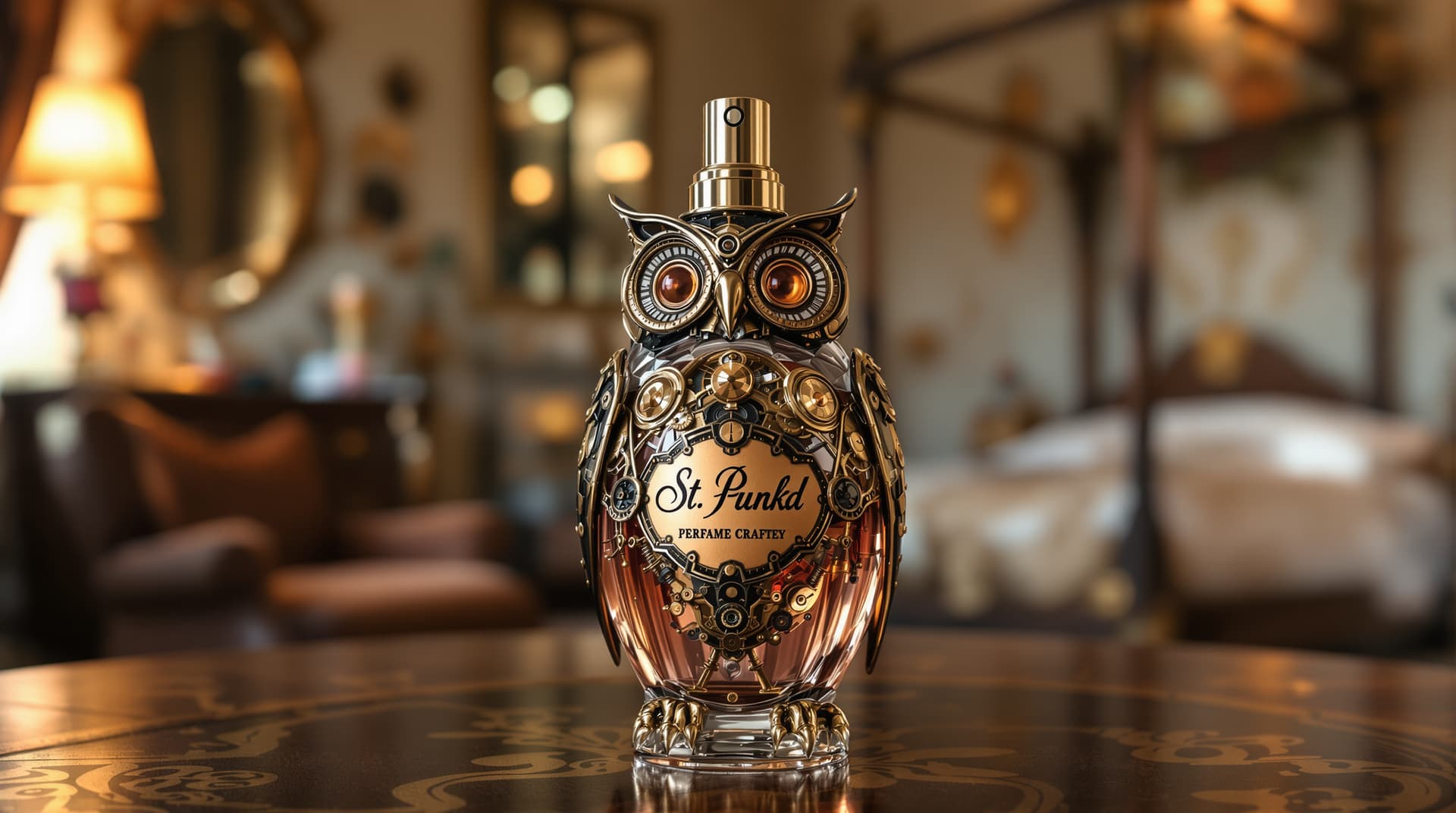 AI generated: A detailed Master crafted vintage steampunk perfume bottle and sprayer in the form of a clockwork st...