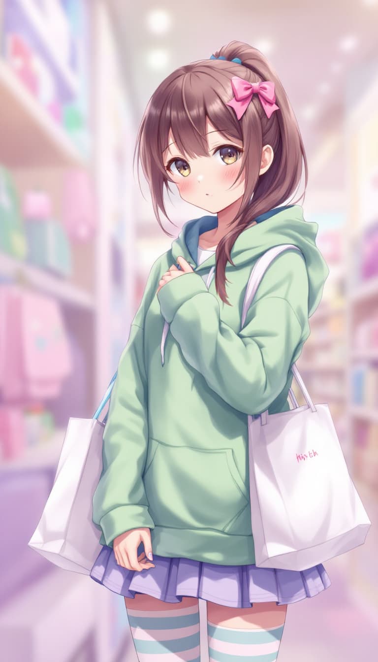 AI generated: 1girl, beautiful, brown hair, portrait, candy colors, pastel, solo, hair ornament, bow, hoodie, gree...