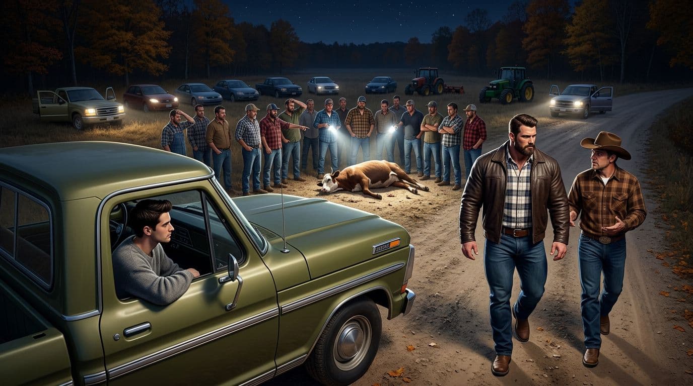 AI generated: In an Autumn night. The vintage olive green Ford pick up truck is parked between the other cars. All...