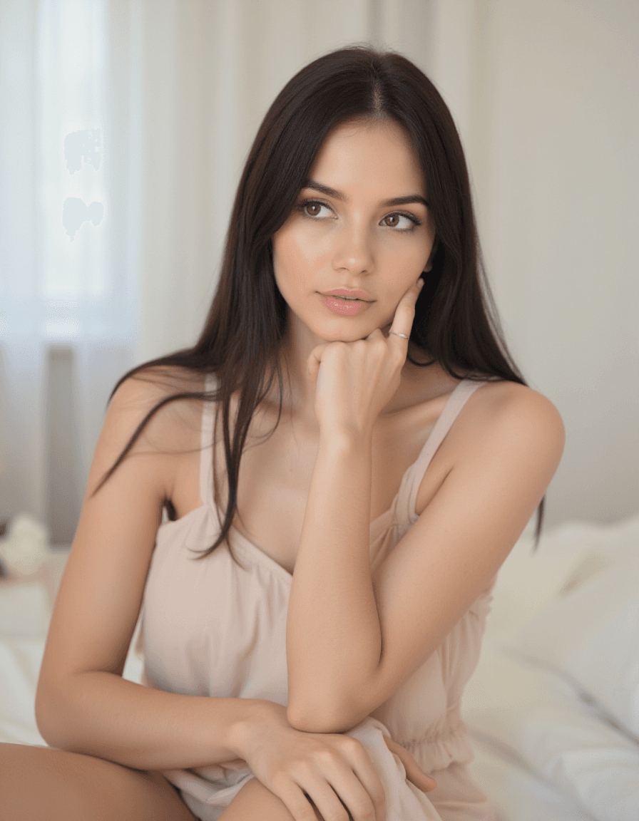 AI generated: A woman with a neutral expression is seated on a bed, her left hand resting on her knee. She has lon...