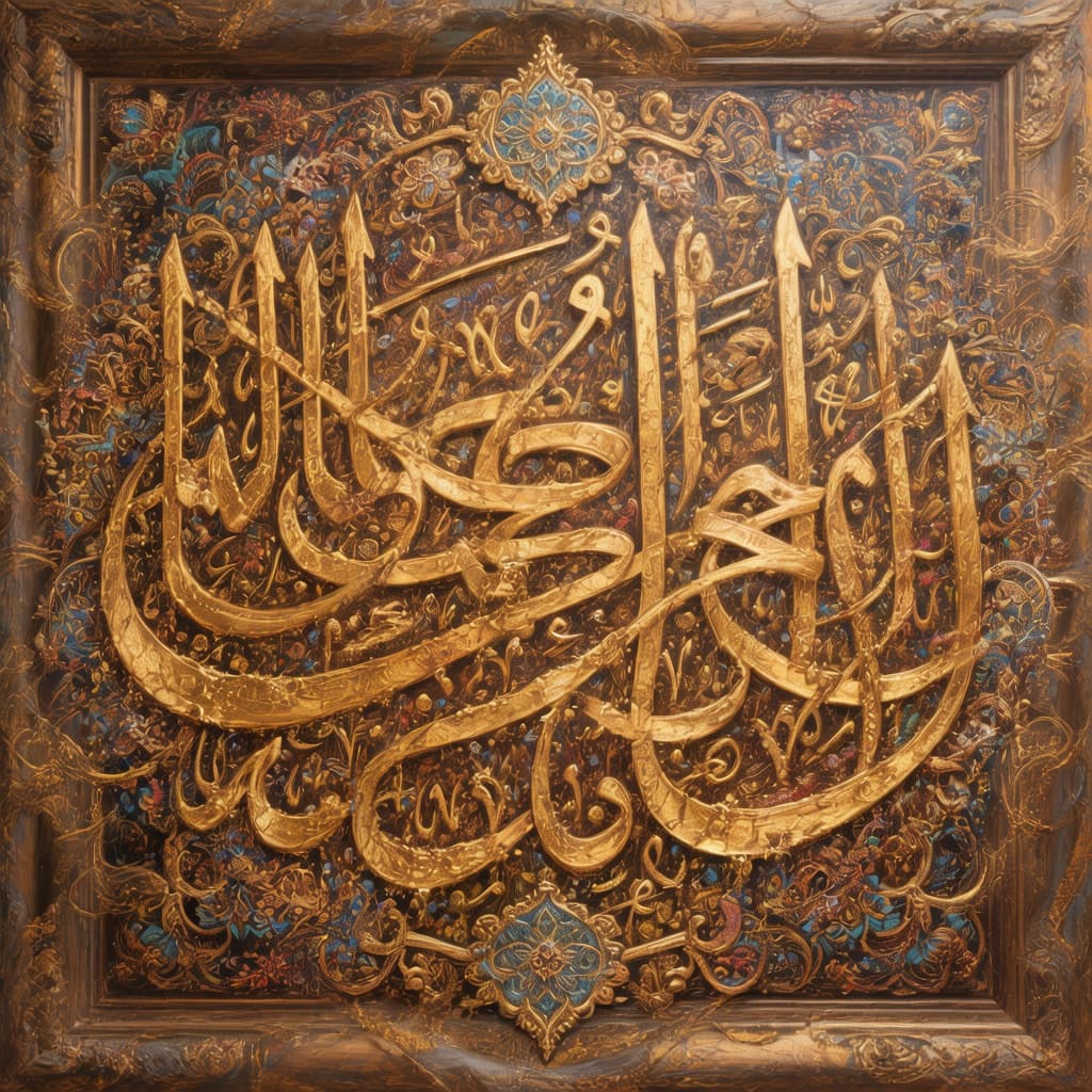 AI generated: Majestic Islamic Arabic calligraphy painting, golden letters flowing and overflowing beyond the edge...
