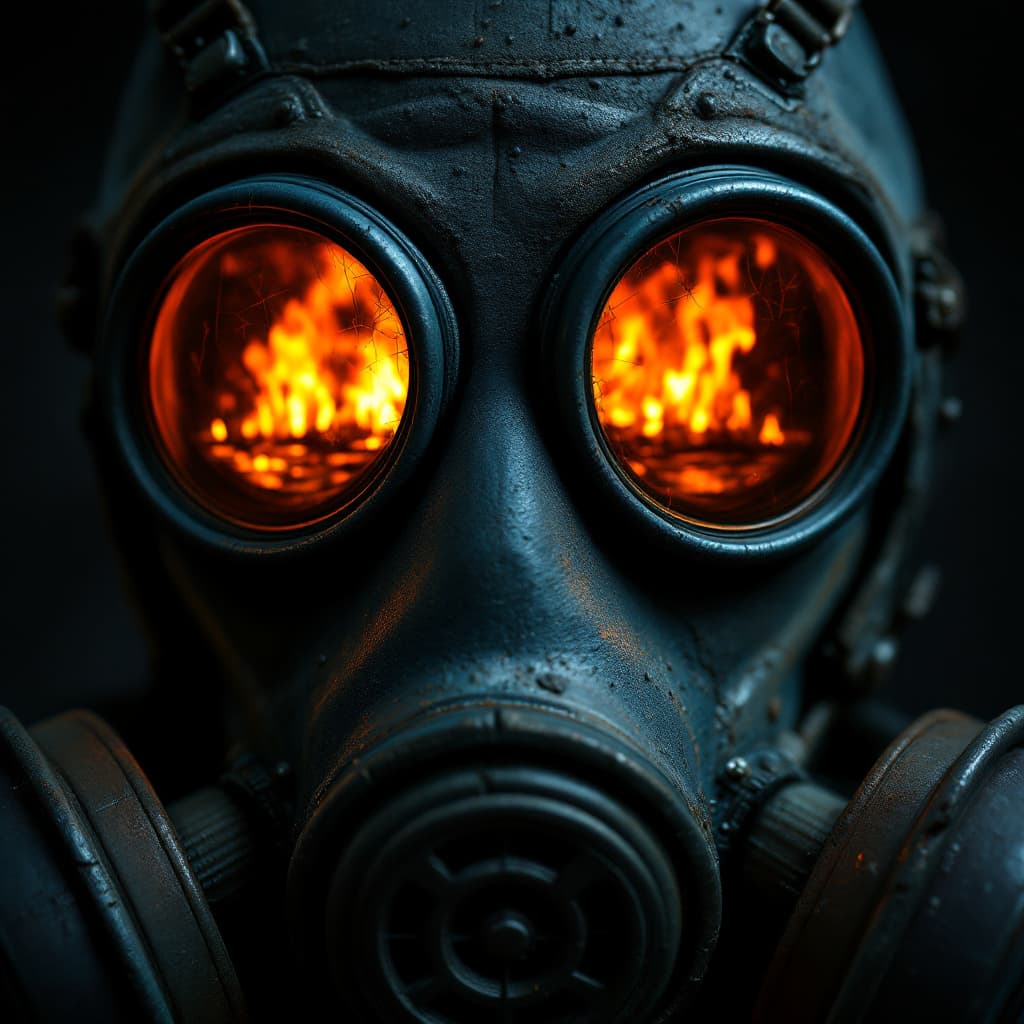 AI generated: A close-up shot of a Chernobyl liquidator's gas mask, filling the frame with gritty, realistic detai...