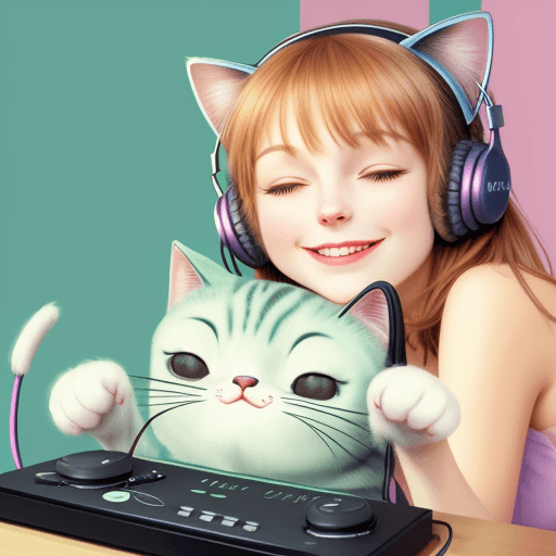 AI generated: Monoline logo of a happy cat with headphones and listening to music
