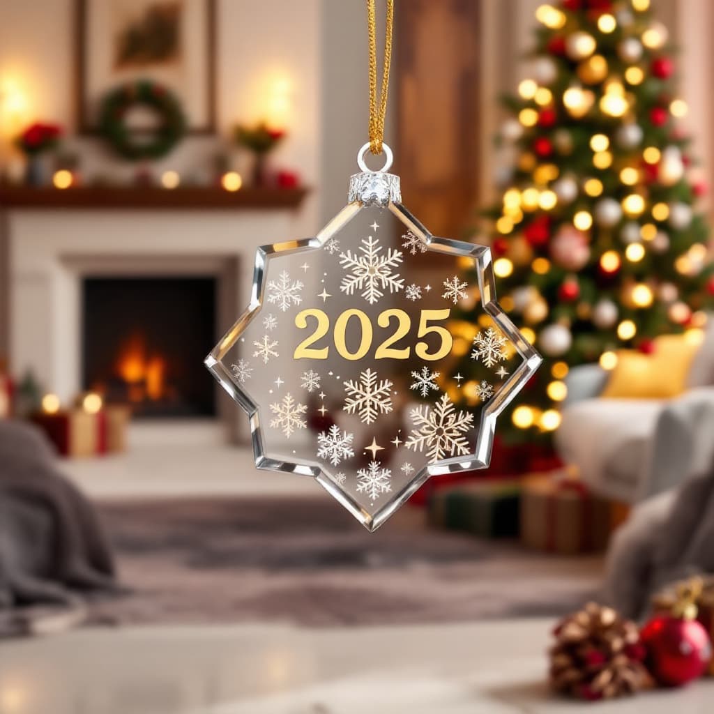 AI generated:  crystal ornament with beautiful snowflakes and the name "2025" engraved in gold. The shelf is fille...