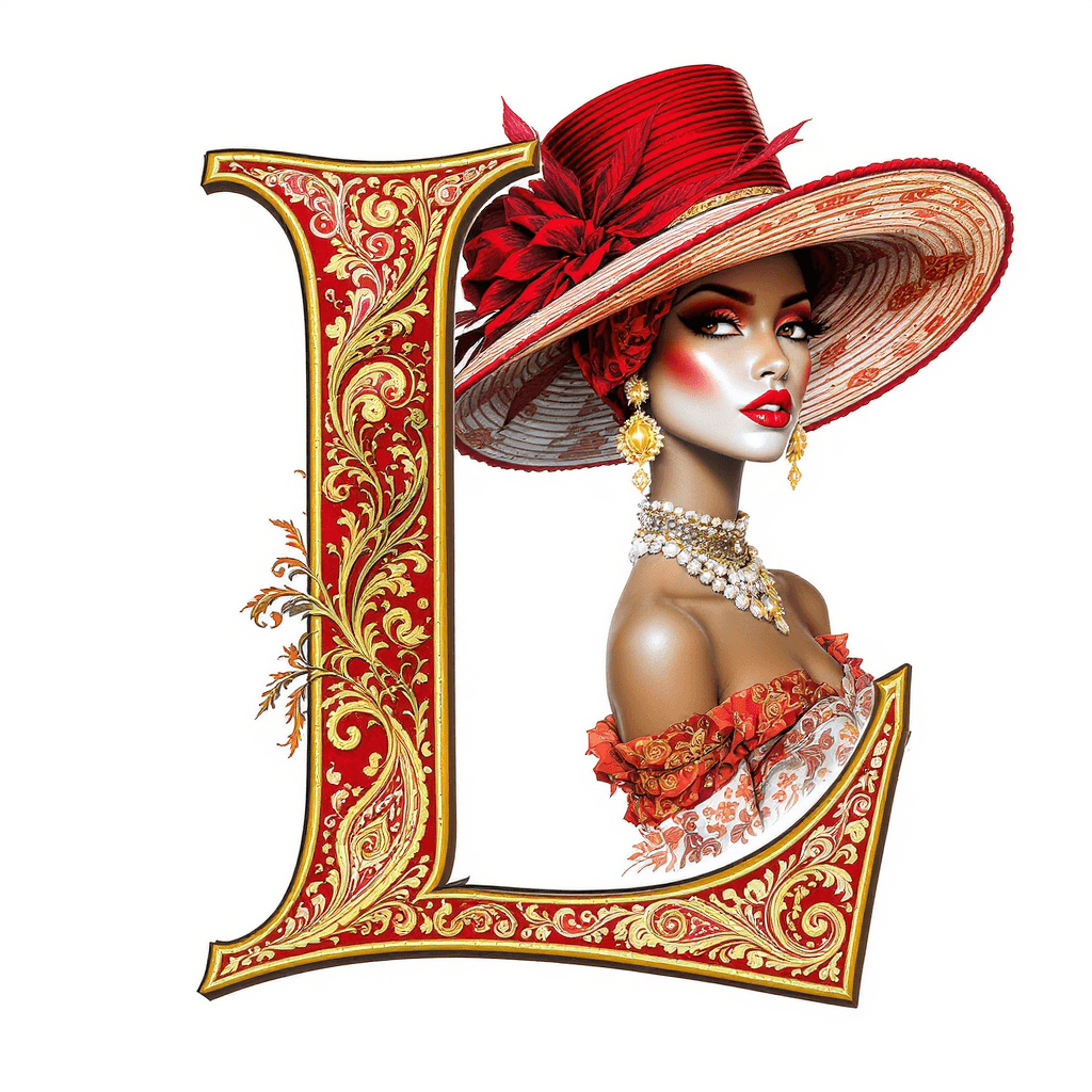 AI generated: A Luis Royo style ornate style letter uppercase letter "L" filled with a gold and red paisley print....