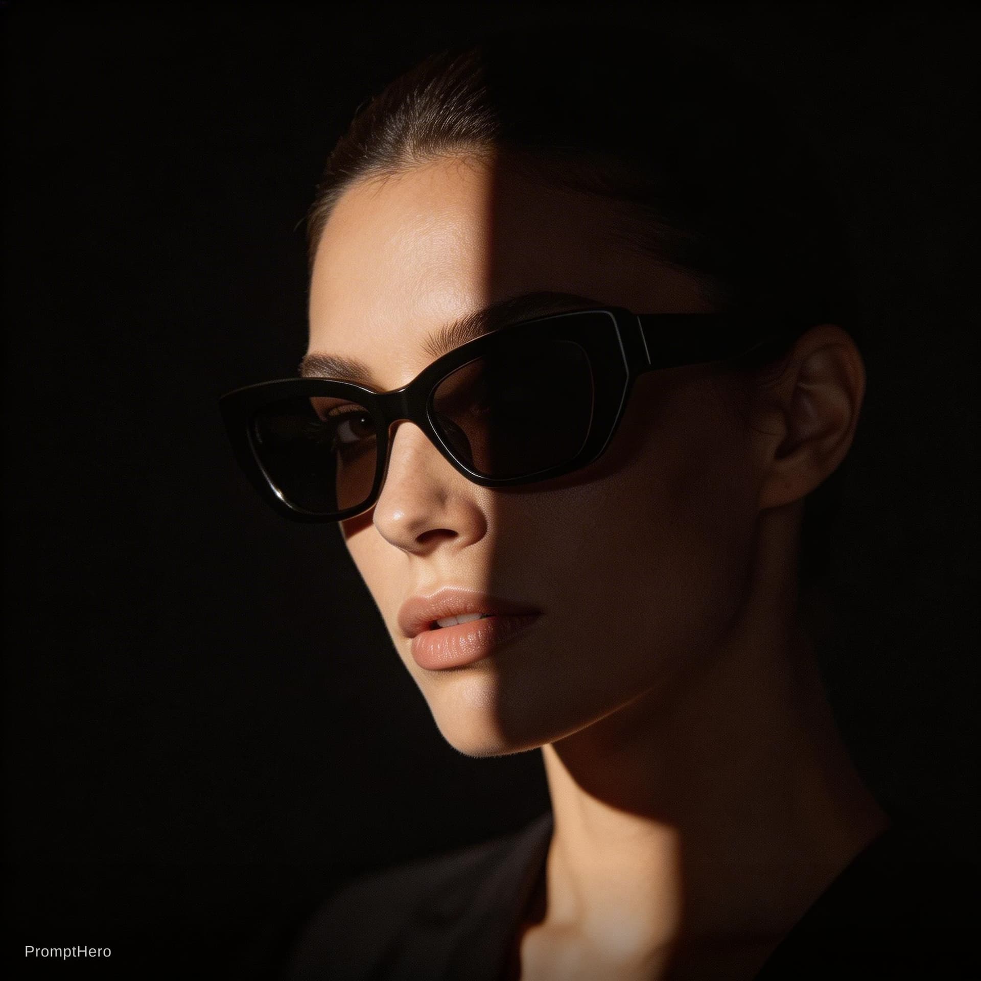 AI generated: luxury high fashion eyewear campaign, female model wearing black designer sunglasses, dramatic split...