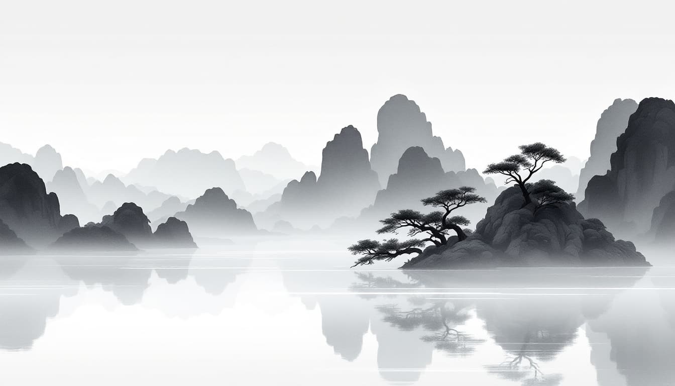 AI generated: Design a minimalist Chinese-style  PowerPoint background in 16:9 ratio, featuring a serene ink-wash ...