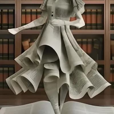 AI generated video: mujer sin cabeza, bailando lentamente, esta hecha de papel de periodico, la falda tiene vuelo, esta ...