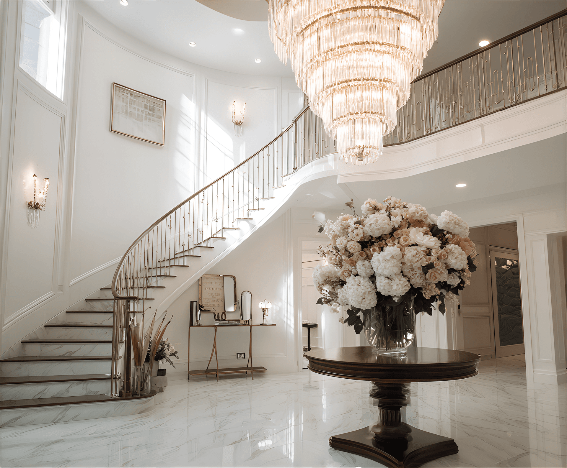 AI generated: photography, a modern foyer featuring a statement chandelier, an elegant staircase, and a console ta...