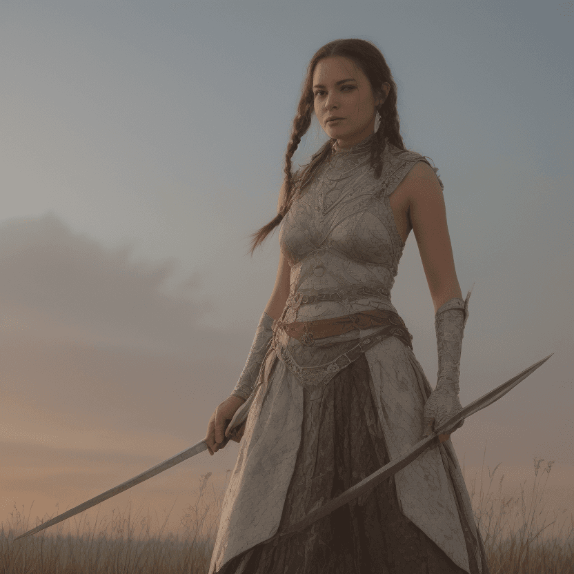 AI generated: A woman holding a longsword by the pummel at her side, long, braided raven hair, wears a silver brea...