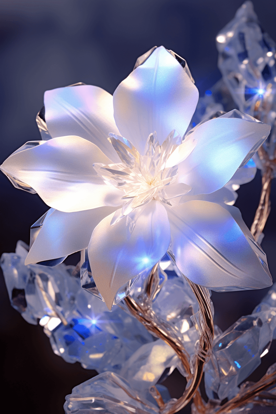 AI generated: Holy light, beautiful spectral white crystal lilac flower, petals shimmering with golden light, back...