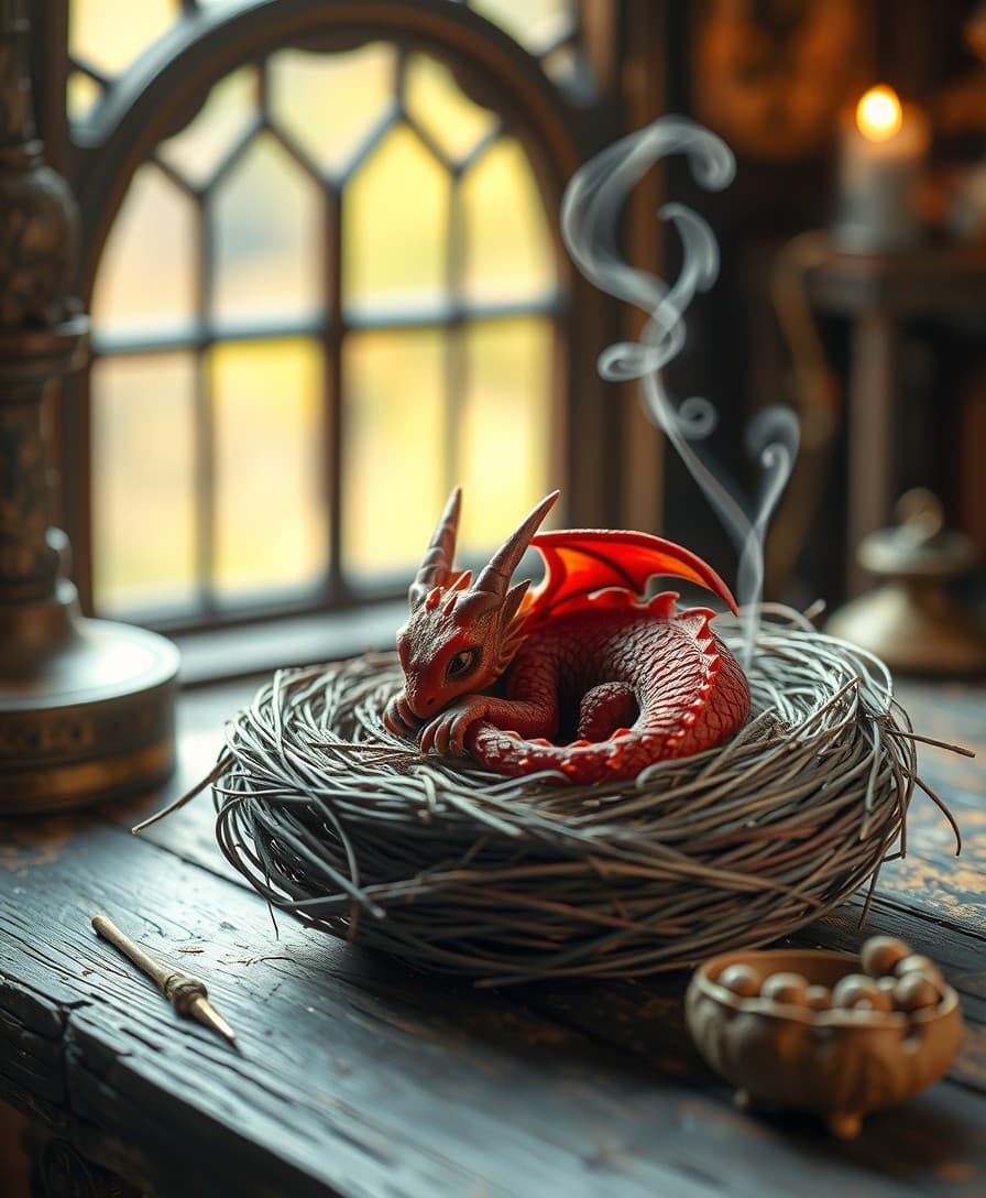 AI generated: photorealistic, lotr, A tiny red dragon curled up asleep inside a nest, (Soft Focus) , (f_stop 2.8) ...