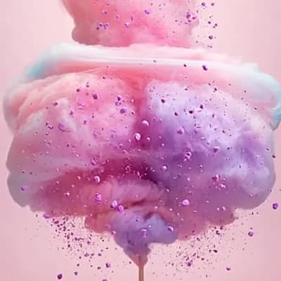 AI generated video: Cinematic slow-motion color explosion made of pink and purple cotton candy dust bursting outward in ...