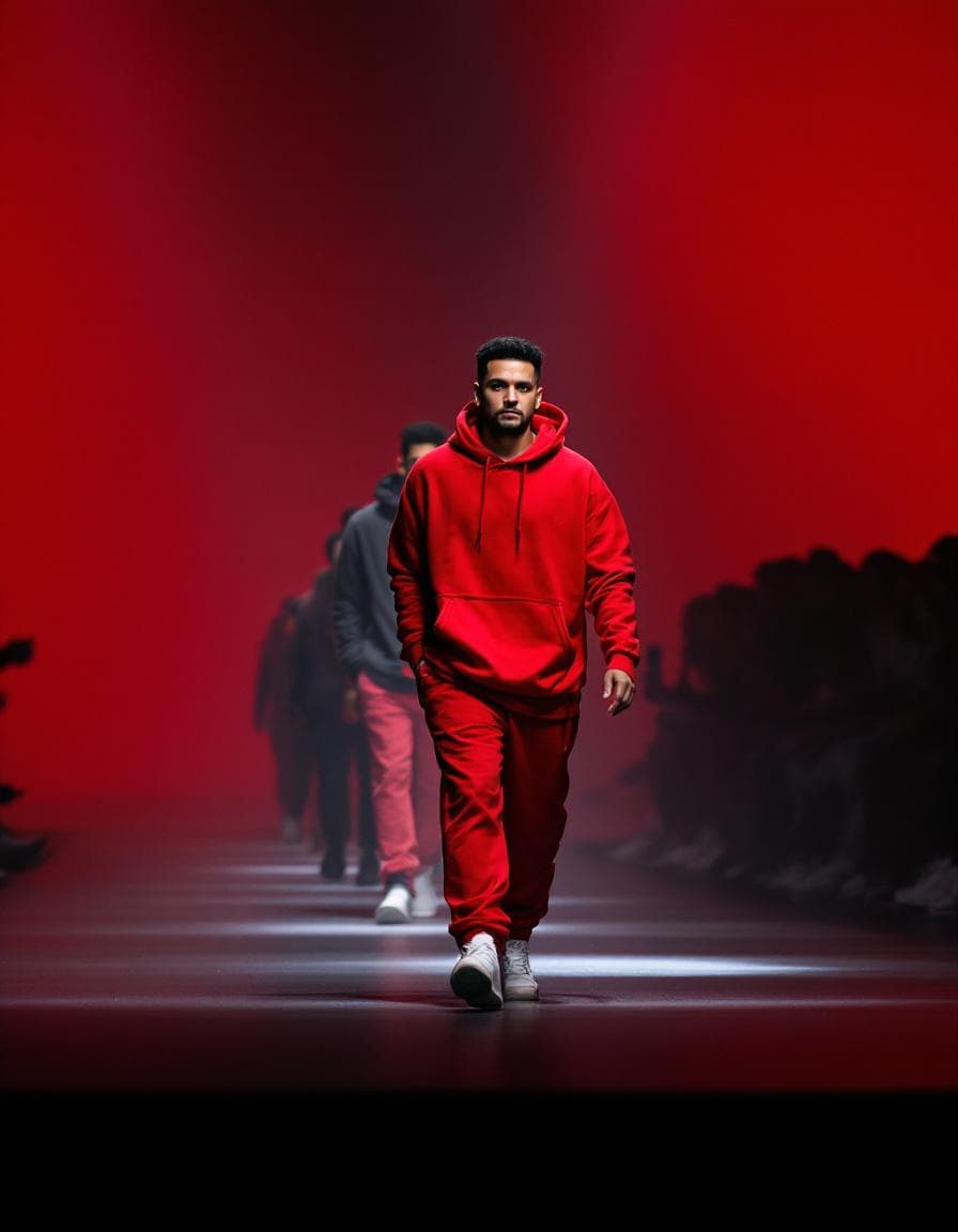 AI generated: Men walking down a runway in red hoodie and sweatpants, intense red background, serious expression, ...