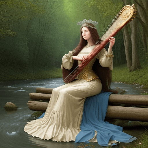 AI generated: a beautiful long hair medieval lady, full body, paying harp by the river in the forest