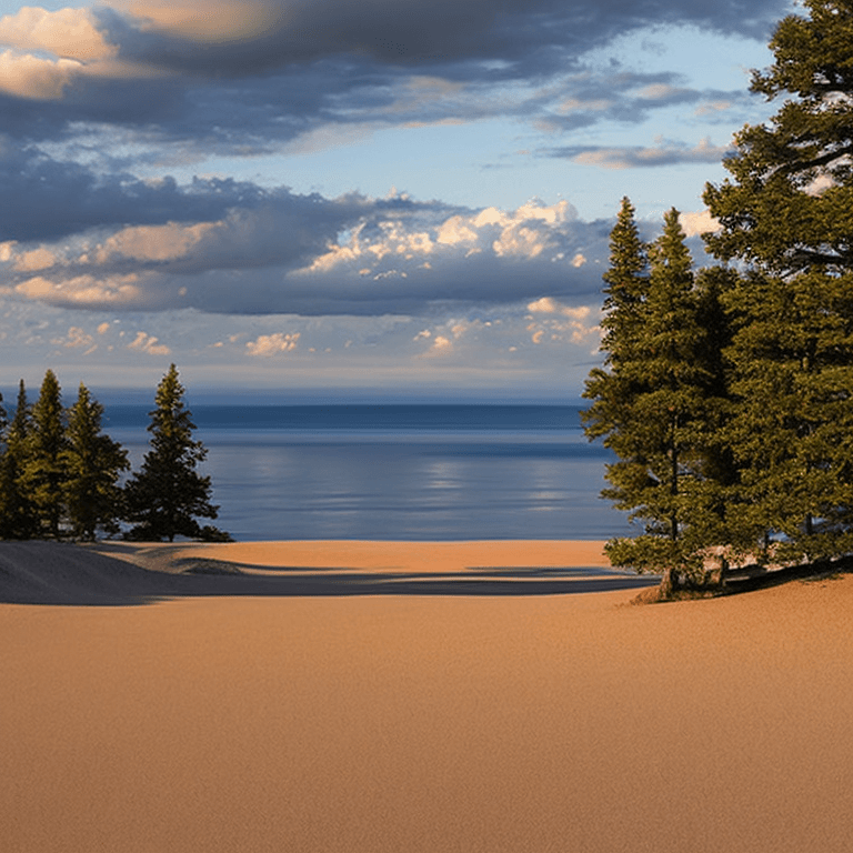 AI generated: photorealistic oil on canvas,
sparse clouds in a soaring sky, 
small pine trees, pebble beach,
beaut...