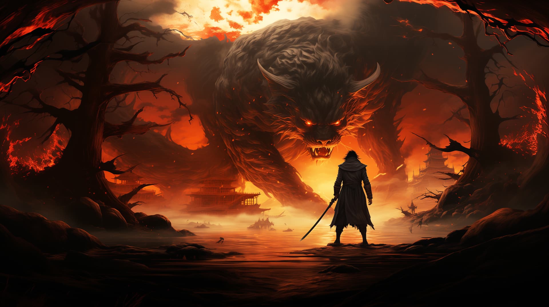 AI generated: brave samurai fighting monster demons with his katana, cinematic light, fantasy illustration style, ...