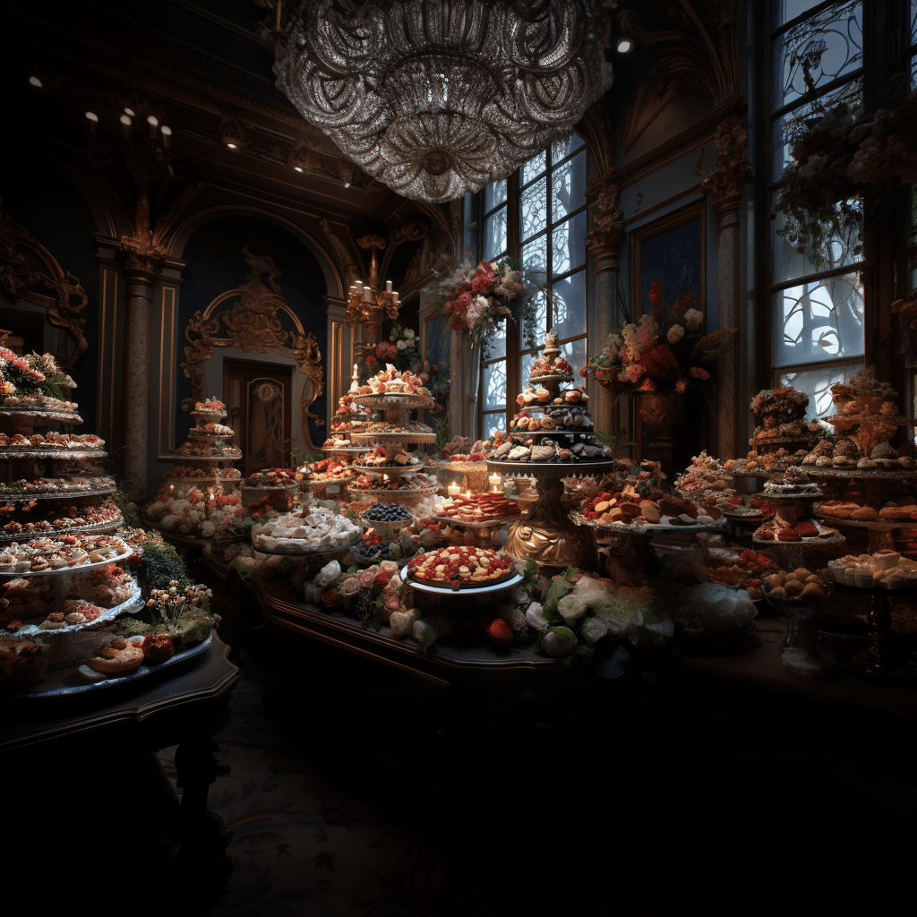 AI generated: Royal birthday celebration buffet food table in the palace, 

flowers, 

extravagant, 

excess...