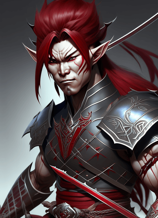 AI generated: evil male elf shogun with muscular grey skin and red hair, samurai armor, ultra realistic, concept a...