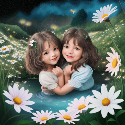 AI generated: two brown cute tiny Hedgehog smiling, with two eyes, white daisies, splash flowers, on the lake, wit...