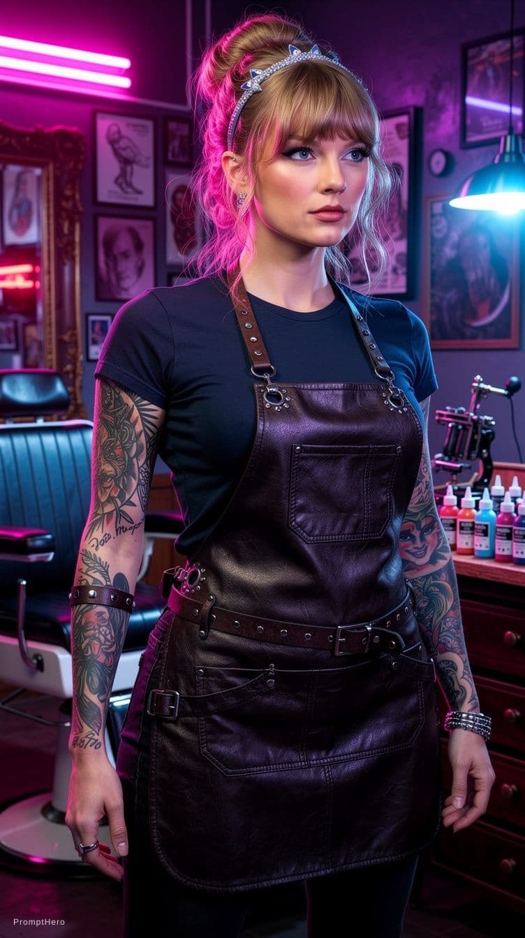 AI generated: a bold and edgy portrait of a tattoo artist working in a vibrant, neon-lit studio. The woman exudes ...