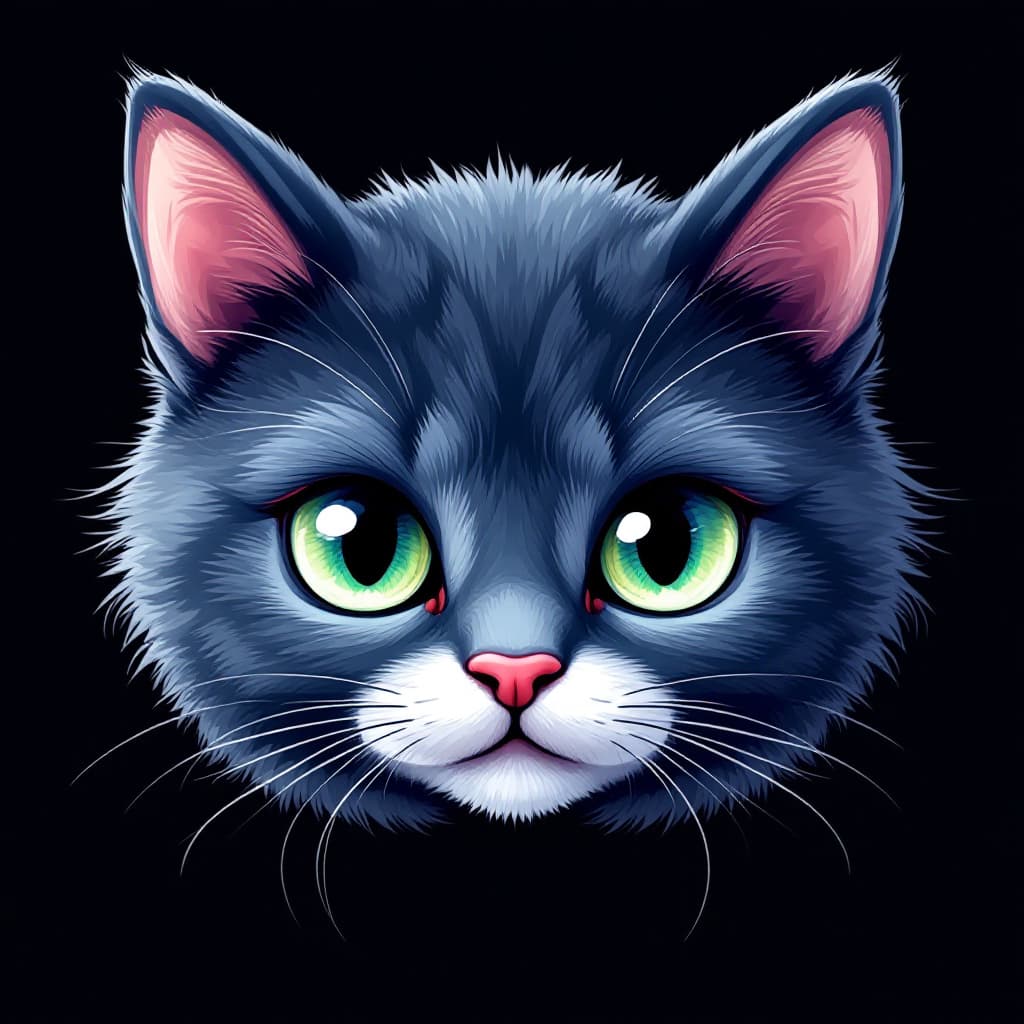 AI generated: cartoon, dollish cute russian blue cat face, emerald green eye, simplify, expressive eyes and a play...