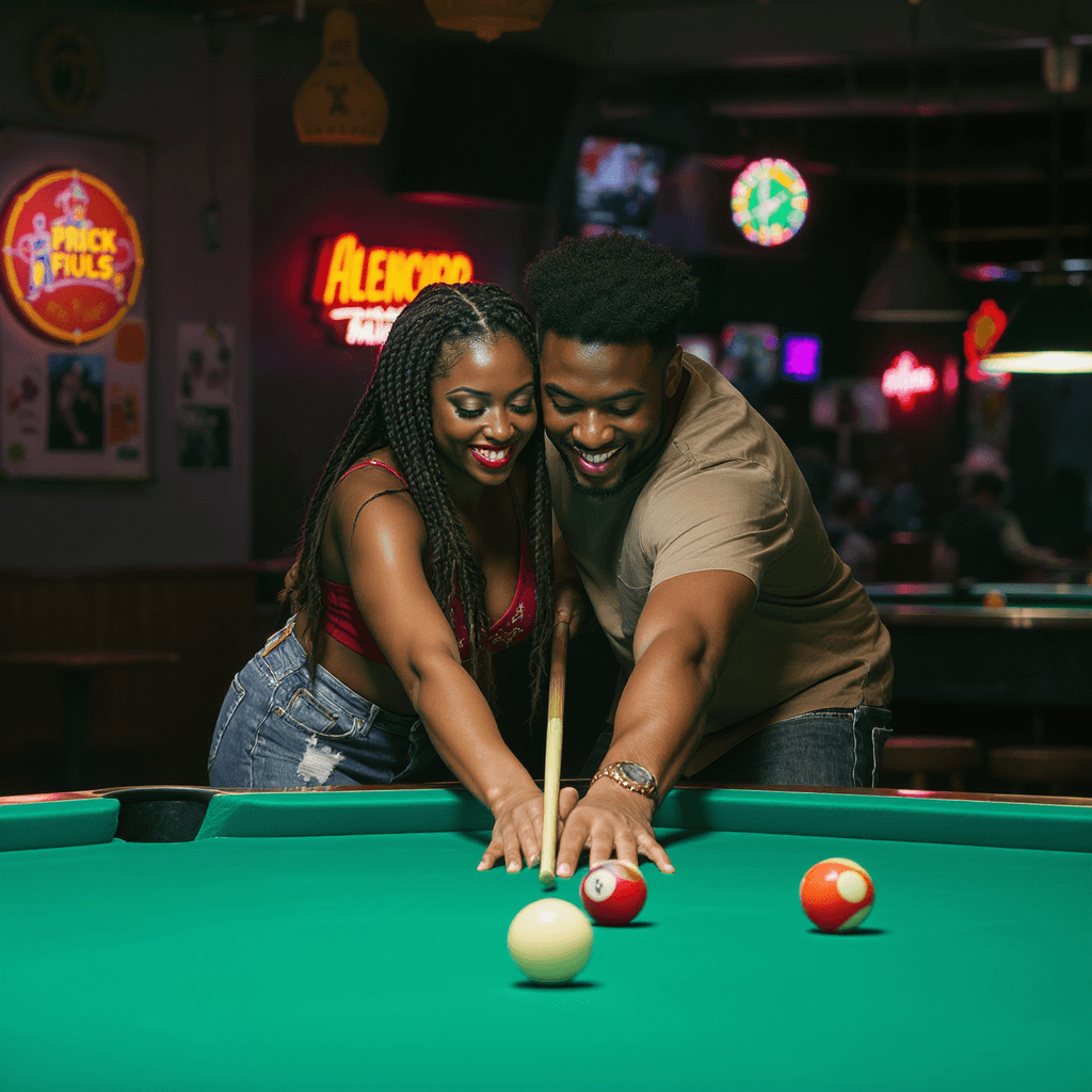 AI generated: a full-length vibrant image of an african american couple having a date shooting pool at a neighborh...