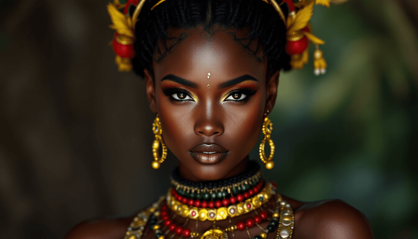 AI generated: Full face view of a ultra realistic of an African queen of Sheba very sultry look, beautiful charism...