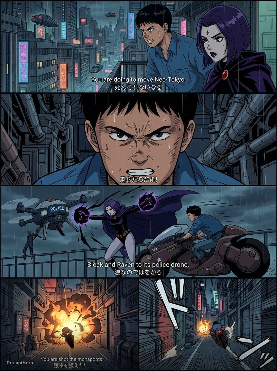 AI generated: Create aesthetic anime screengrab frames in the style of Akira, directed by Katsuhiro Otomo, capturi...