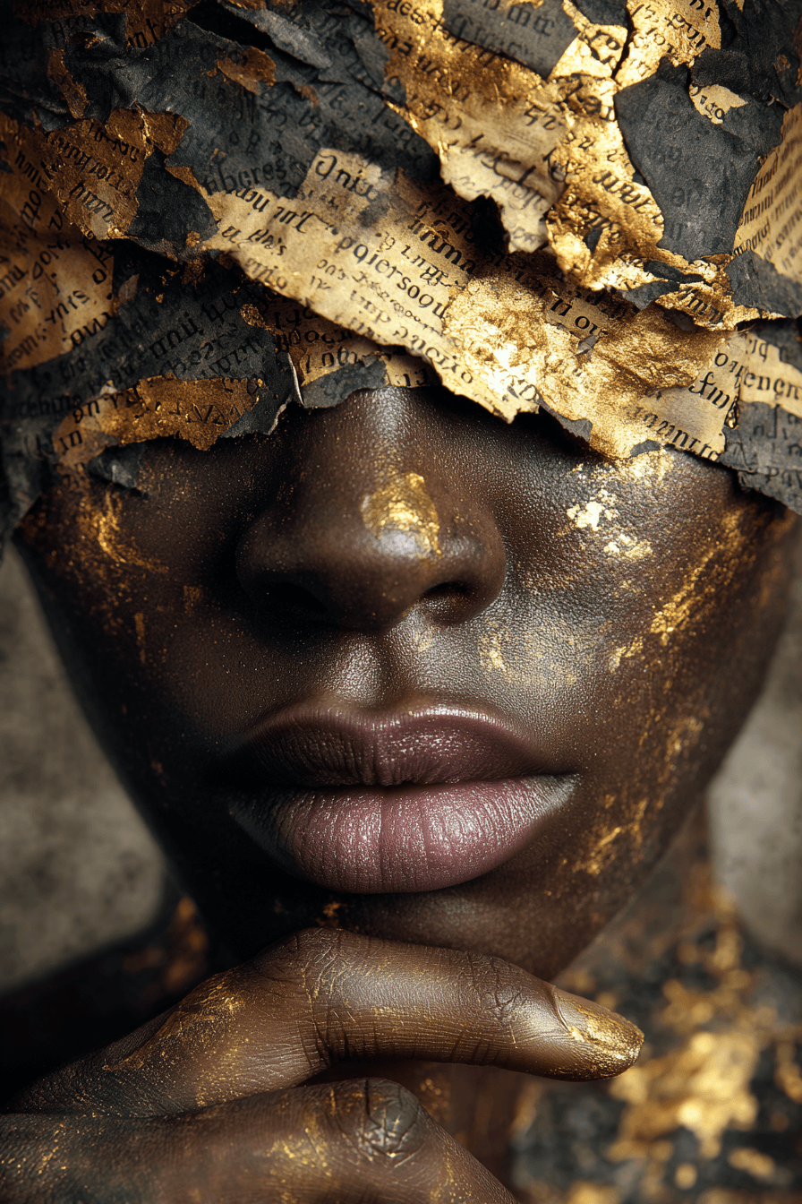AI generated: Dark-skinned woman, mid-20s, close-up portrait,  with a thoughtful and contemplative expression.  He...
