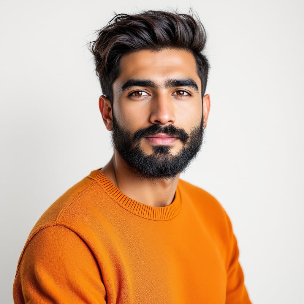AI generated: handsome Asia male,beard,upper body portrait,orange sweater,white background,