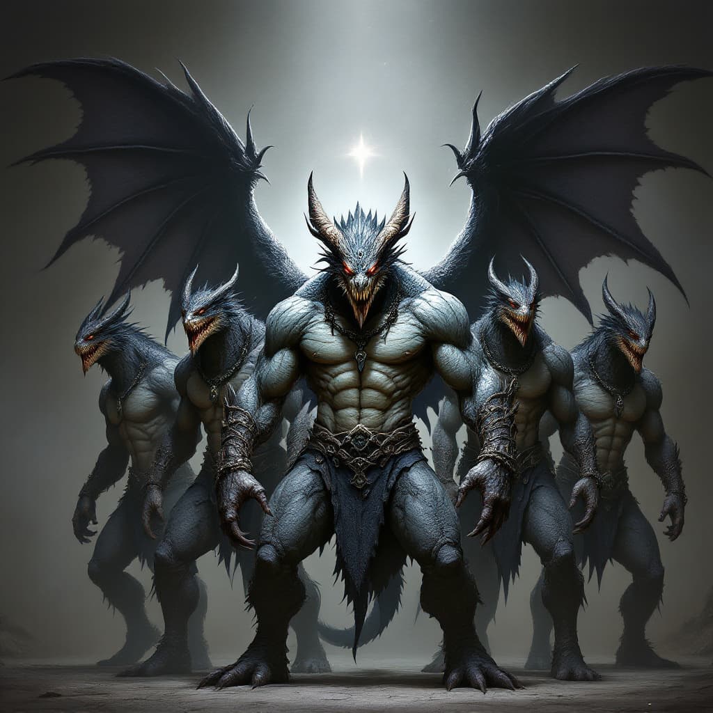 AI generated: A powerful and menacing group of five humanoid villains stands together in a dark, ominous environme...