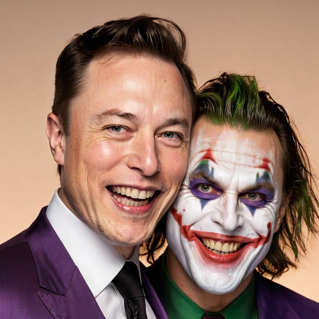 AI generated: elon musk as (the joker), skindentation, bright realistic eyes and a huge maniacal grin, (perfect ph...