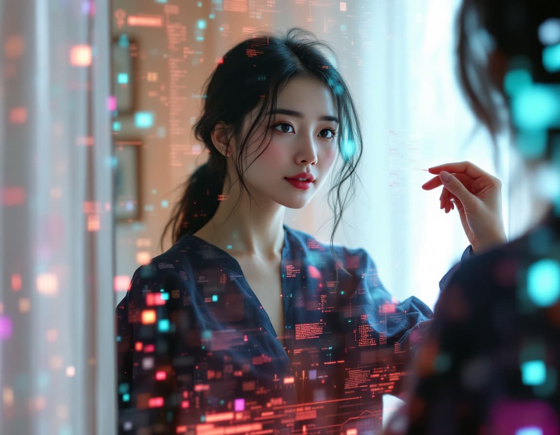 AI generated: Asian woman, experimenting a digital piece of clothing in the mirror like a filter, with the ambienc...