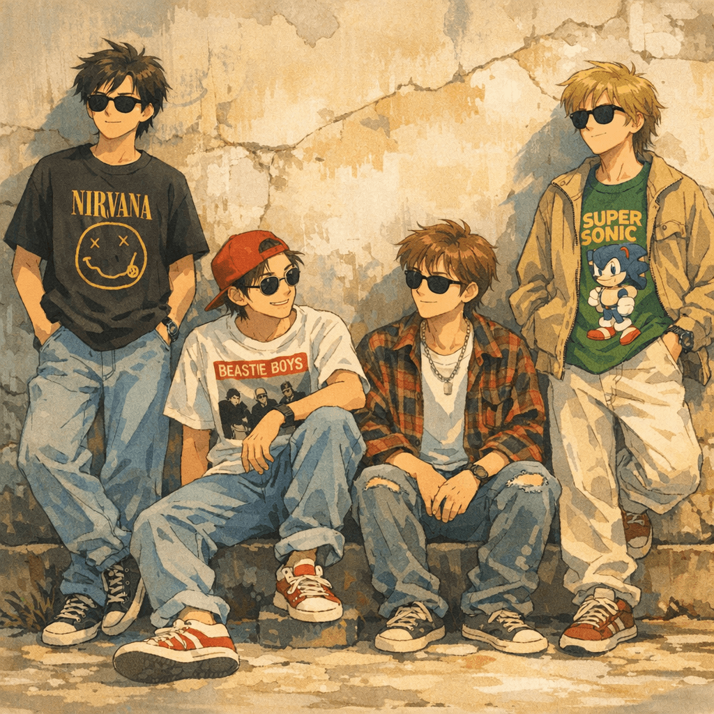 AI generated: A group of four young men casually hanging out against a weathered, cracked wall with peeling paint....