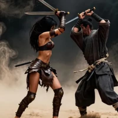 AI generated video: the characters fight by swinging swords