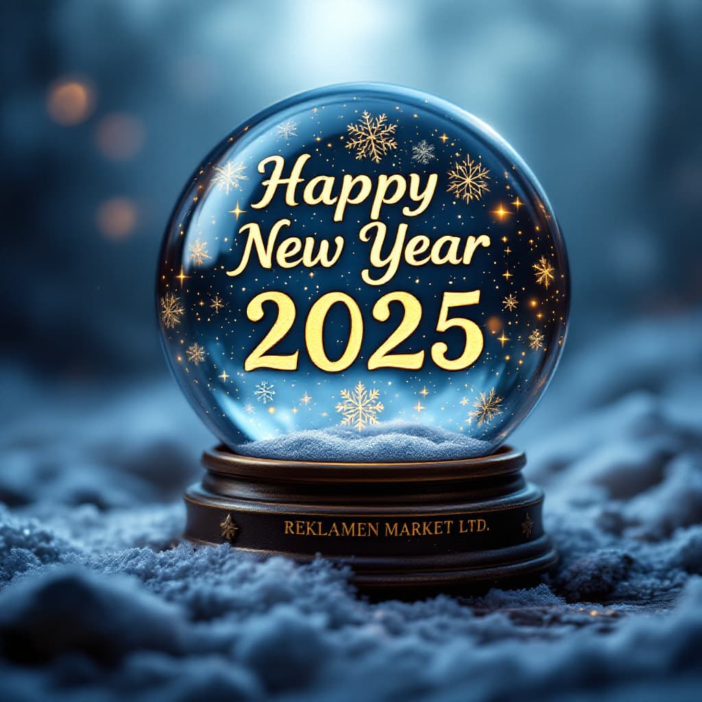 AI generated: a magic ball, it contains a whole world of New Year's magic written "Happy New Year 2025" and "REKLA...