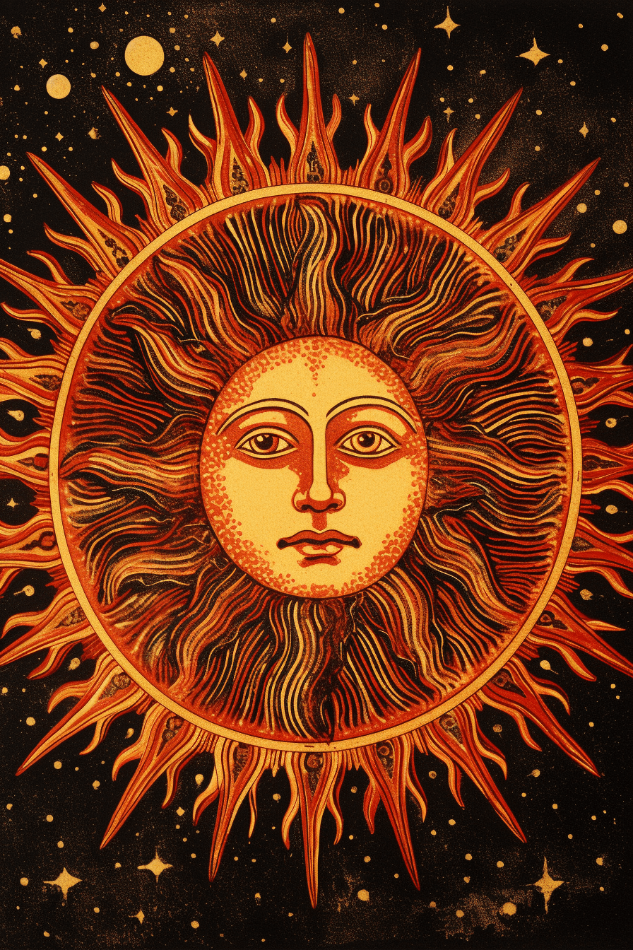 AI generated: the sun, 1970, philipp greene, in the style of victorian-inspired illustrations, moche art, neo-cons...
