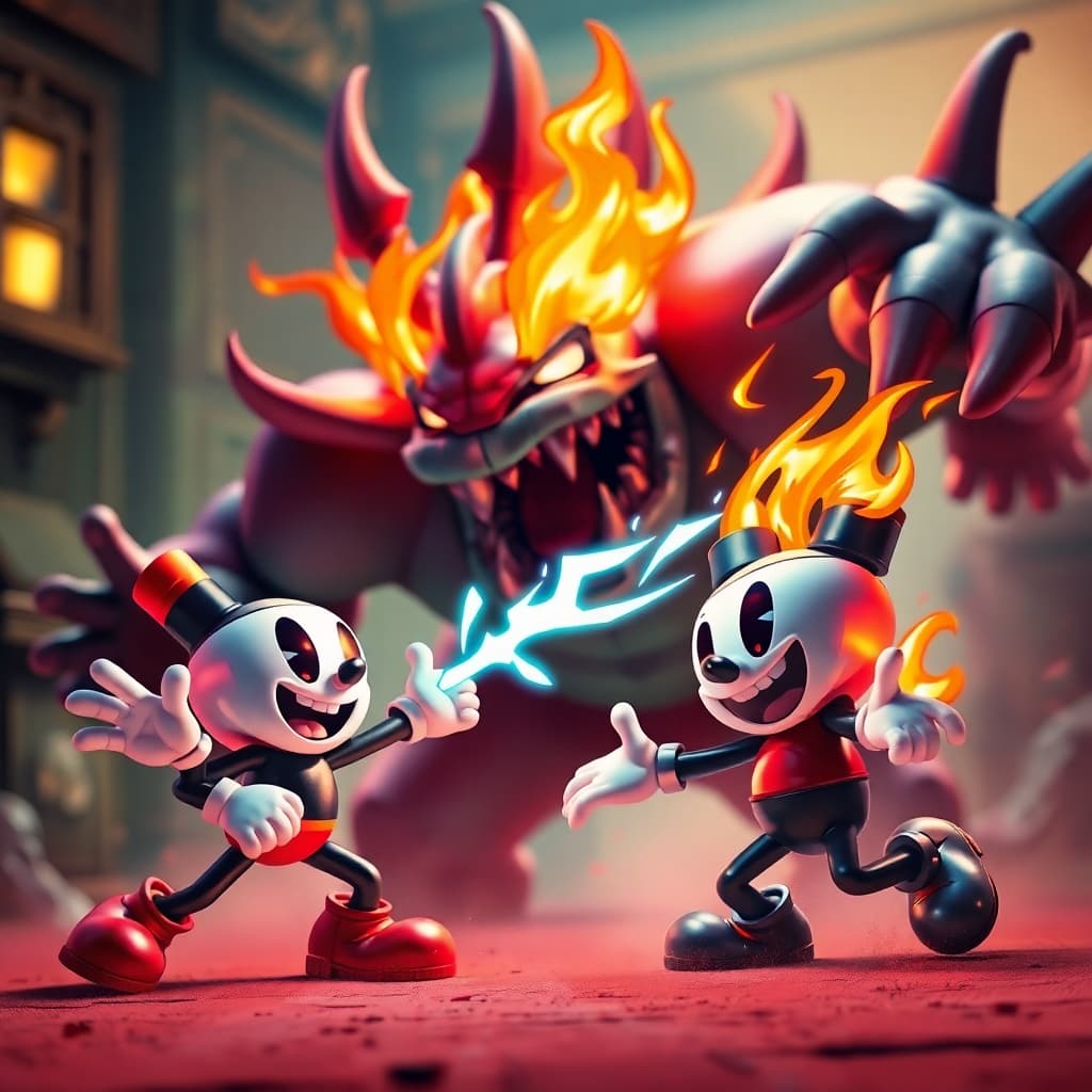 AI generated: 3D render, high quality, Cuphead-inspired characters with smooth textures and glossy shading, battli...