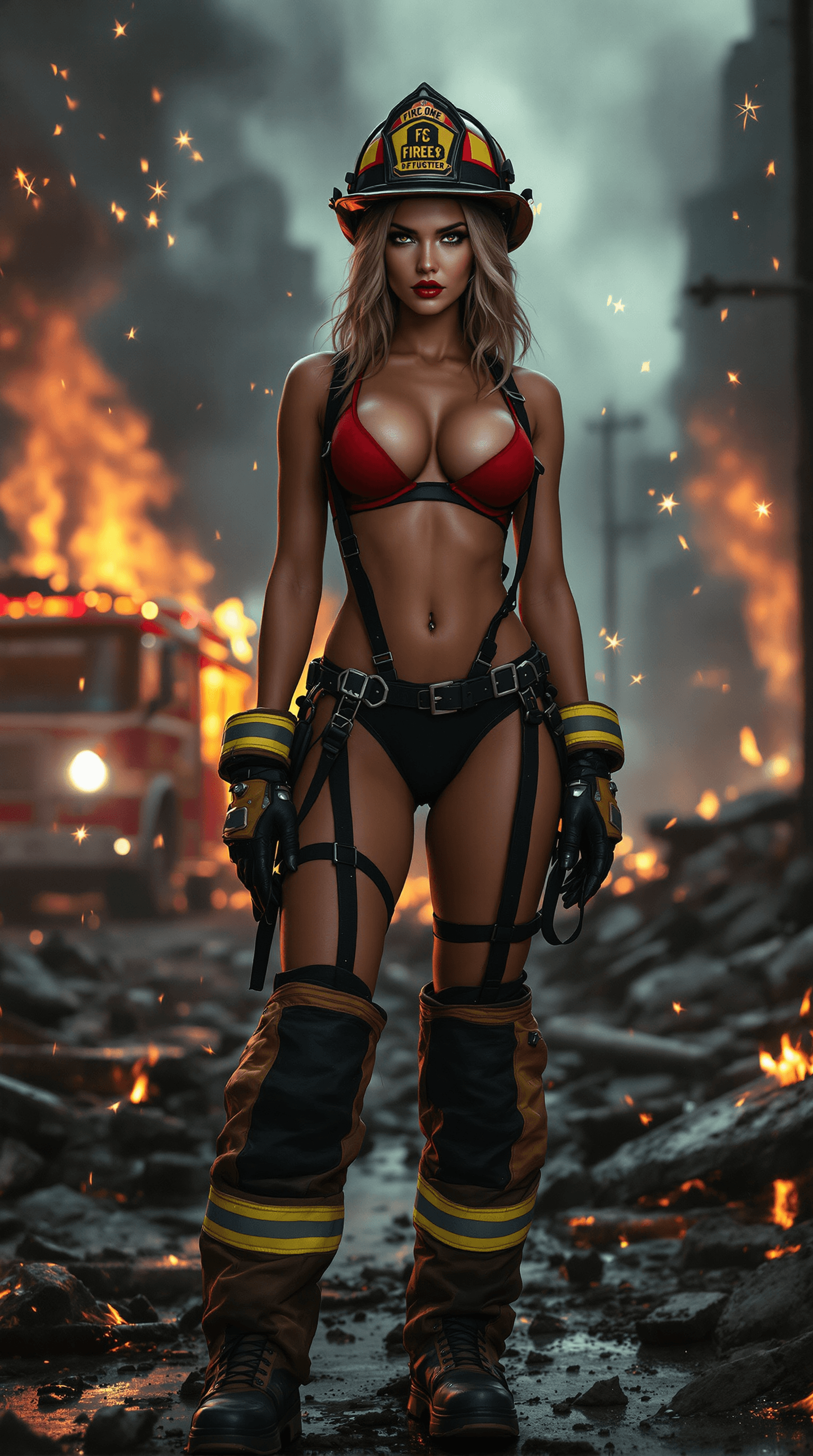 AI generated: a fierce and confident female firefighter standing amidst a dramatic urban scene of smoldering rubbl...