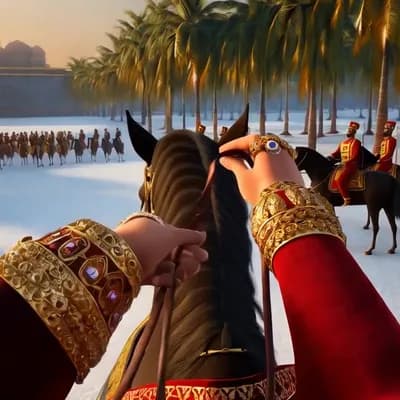AI generated video: First person POV, the male hands grip the reins of his majestic horse, adorned with intricate Ottoma...