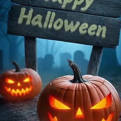AI generated video: dark horror halloween poster, creepy haunted pumpkins with glowing eyes, old wooden sign in the scen...