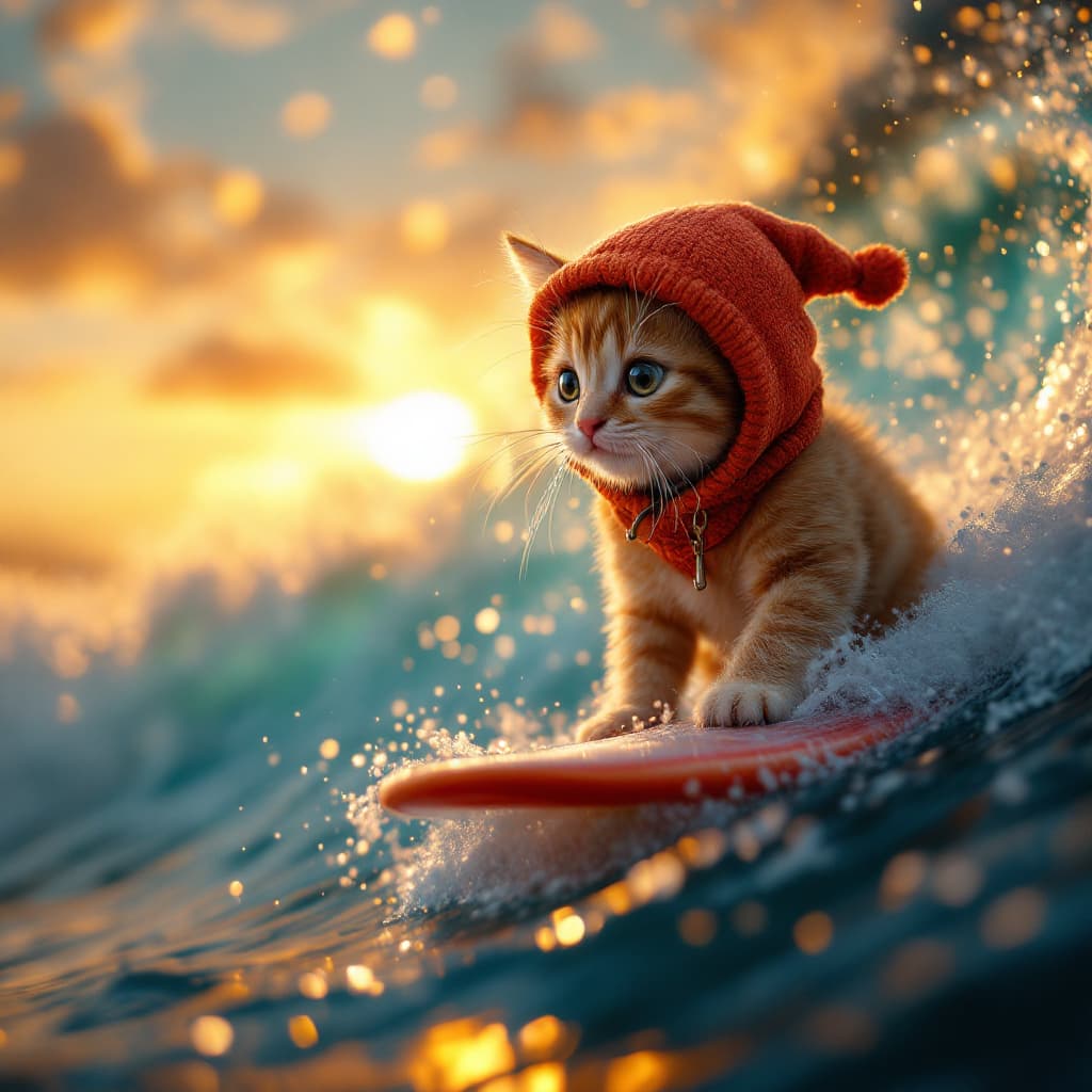 AI generated: photorealistic 32k, baby cat wearing capten hooks clotes surfing a wave, cinematic lighting, sunset 