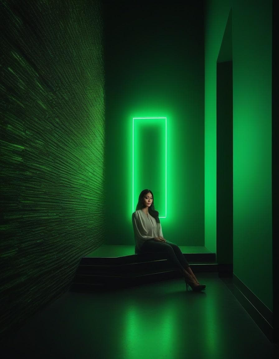 AI generated: photography, envision a corridor glowing with a serene green light that bathes the space in a dreaml...