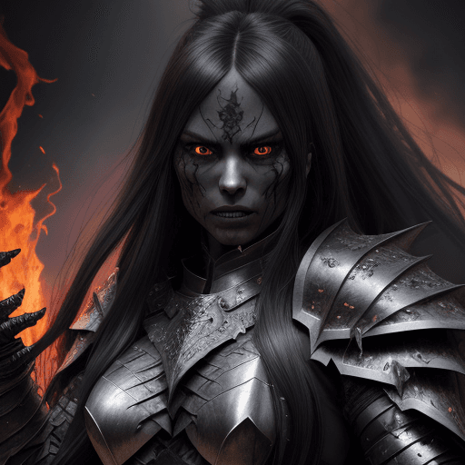 AI generated: Realistic women with black scary armor, Holding fire Sword,human face,long hair, perfectly detailed ...