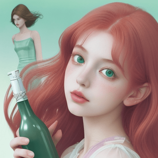 AI generated: Romance meets surrealism, close-up shot of a dreamy girl with wavy red hair, manga-style, bottle-gre...