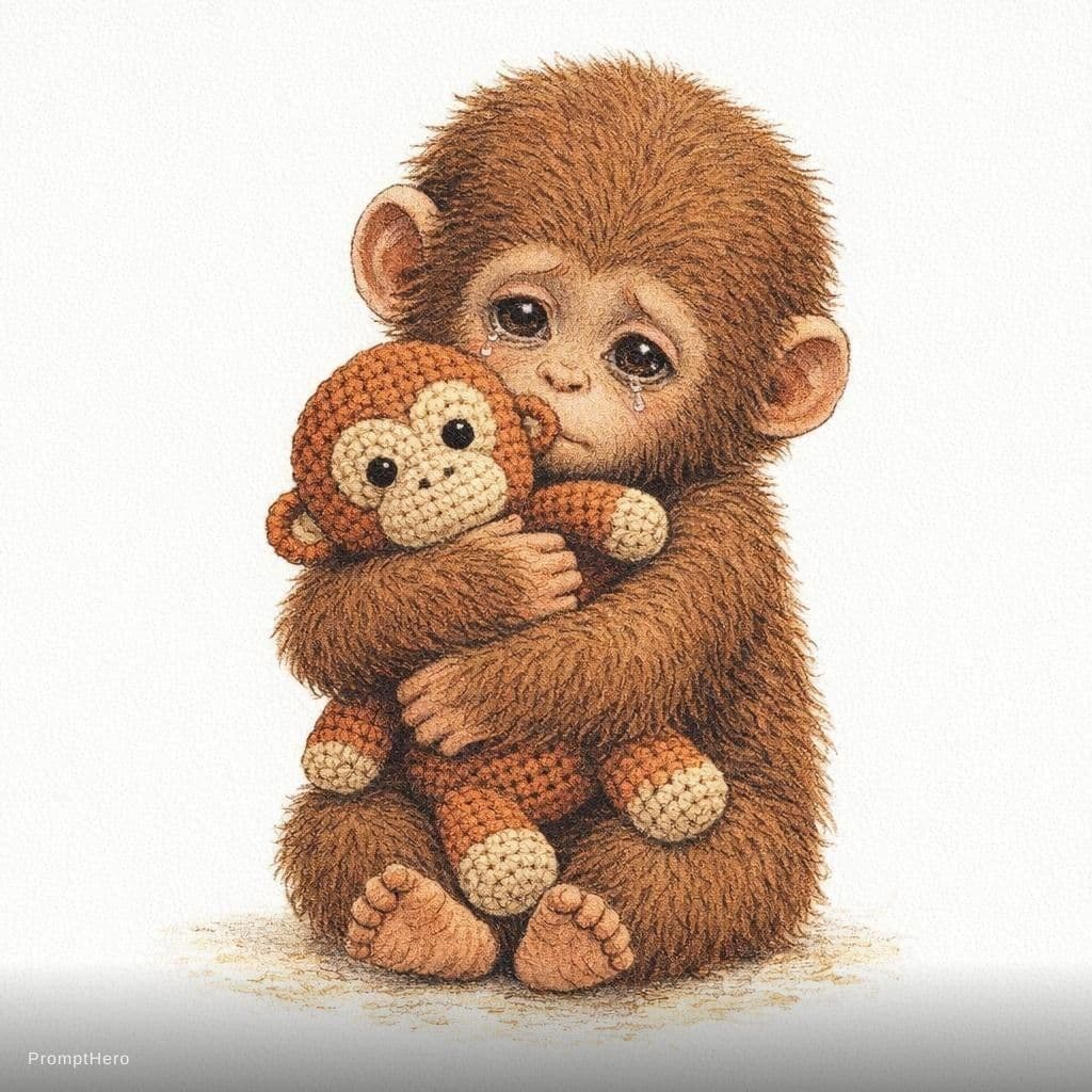 AI generated: vintage children's book illustration, emotional scene, cute baby monkey with fluffy brown fur and bi...